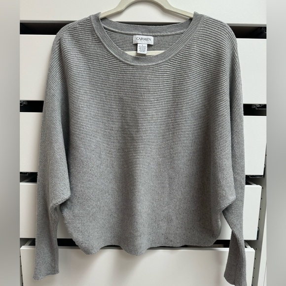 CARMEN MARC VALVO Light Gray Batwing Zipper Sleeve Ribbed Sweater Size Lg - Picture 3 of 7